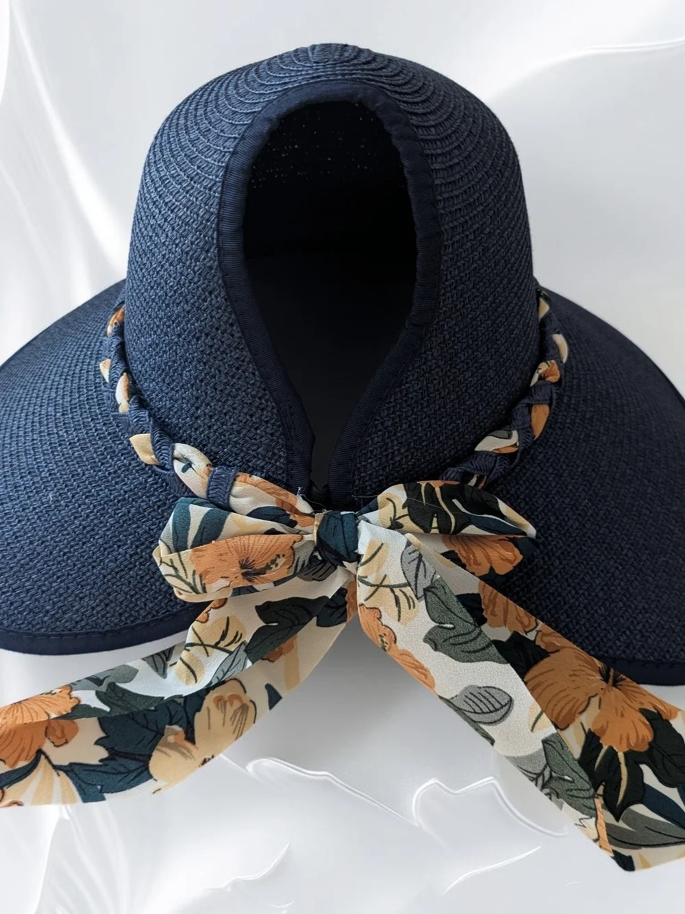 Women's Roll Up Straw Sun Visor Wide Brim Packable Beach Hat With Floral Bow